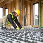 A worker installing in-floor heating in a new custom home.