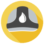 A grey and white illustration of a hard hat with a fuel icon on it. It has a yellow background.