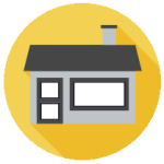 A grey and white illustration of a house with a chimney. It has a yellow background.