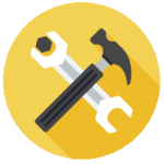 A grey and white illustration of a hammer and wrench. It has a yellow background.