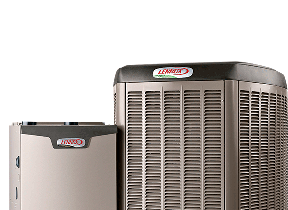 A photo of a Lennox Heat Pump and a Lennox Furnace with a white background.