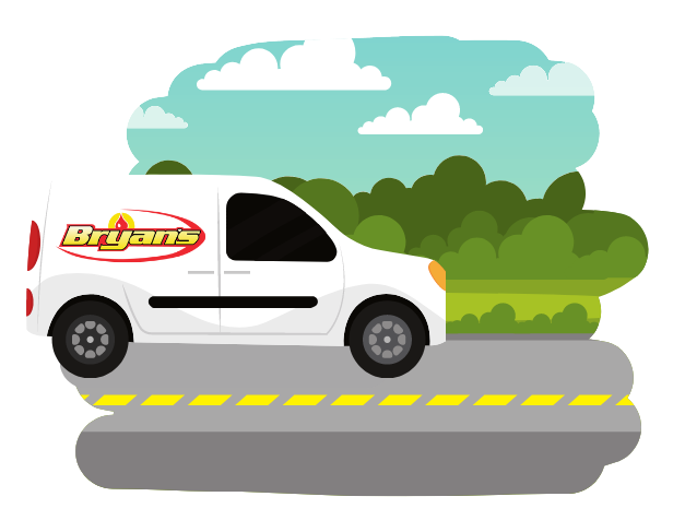 An illustration of a Bryan's Fuel service van driving on a road.