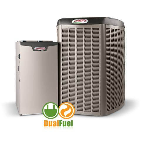 A photo of a Lennox furnace next to a Lennox heat pump on a white background. There is an icon that says Dual Fuel in front on the image.