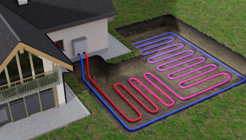 An illustration of how a geothermal HVAC solution works with a residential home.