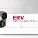 A graphic featuring an ERV system in front of a white couch.