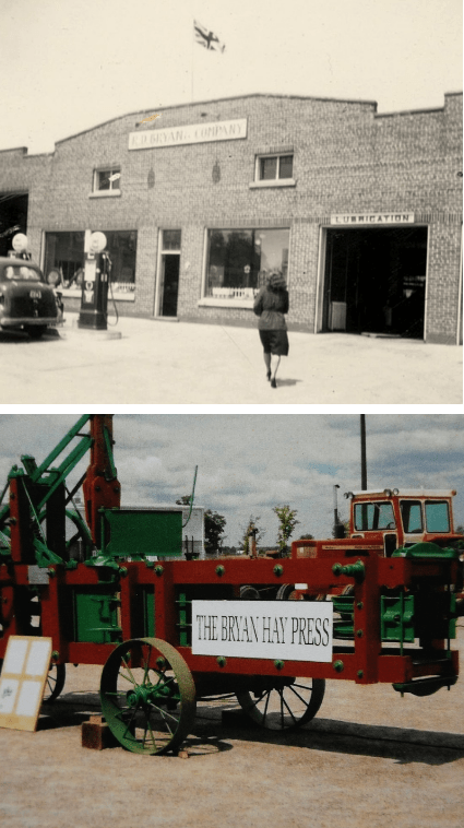 A vintage brick building labeled "R.P. Bryant & Company." Below, a red and green machine labeled "The Bryan Hay Press" outside, with trees behind.