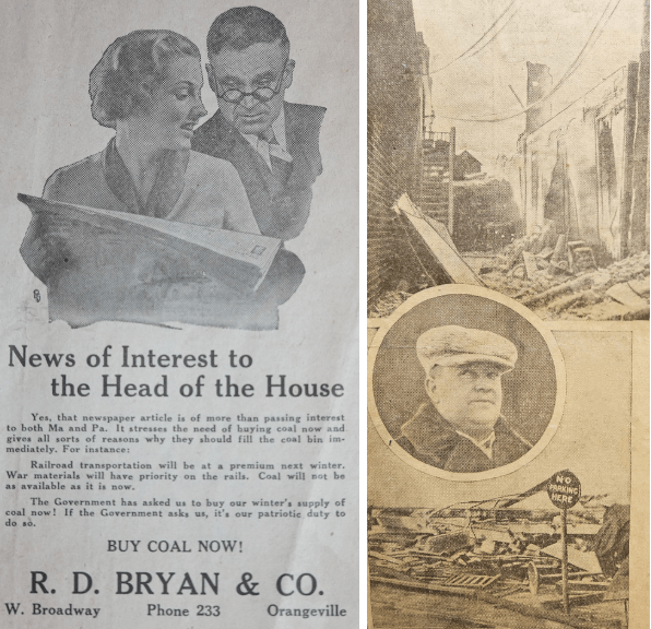 Two people read coal advertisement; adjacent image shows a person in a circle over a background of urban destruction with "No Parking Here" sign.