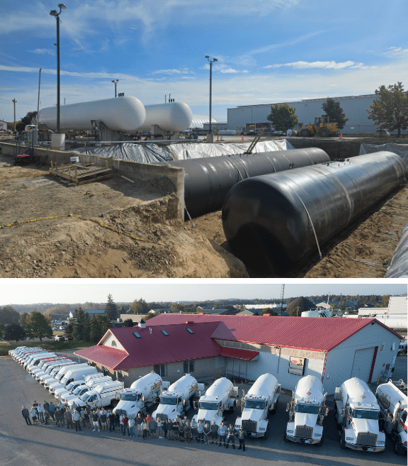 Top image: Industrial tanks on sandy construction site. Bottom image: Row of trucks and people by building with red roof.