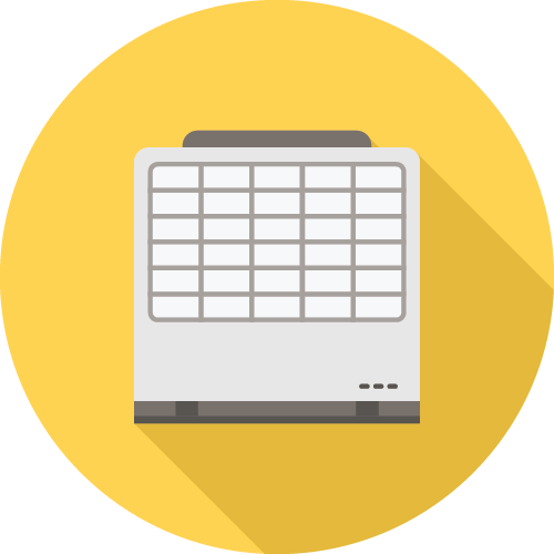 A flat design vector of a white heater with a grid pattern, shown against a yellow circular background, symbolizing warmth and comfort.