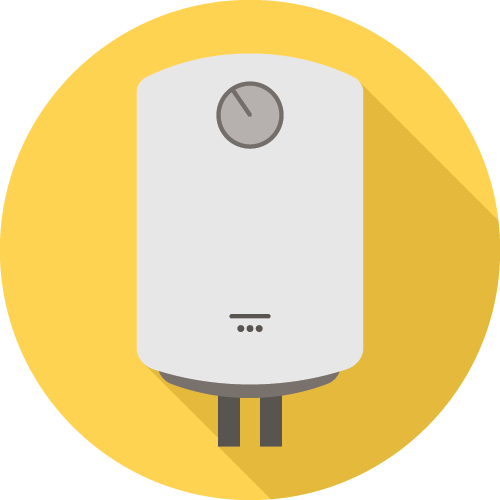 A white water heater with a control dial is illustrated against a yellow circular background, casting a shadow to the right.