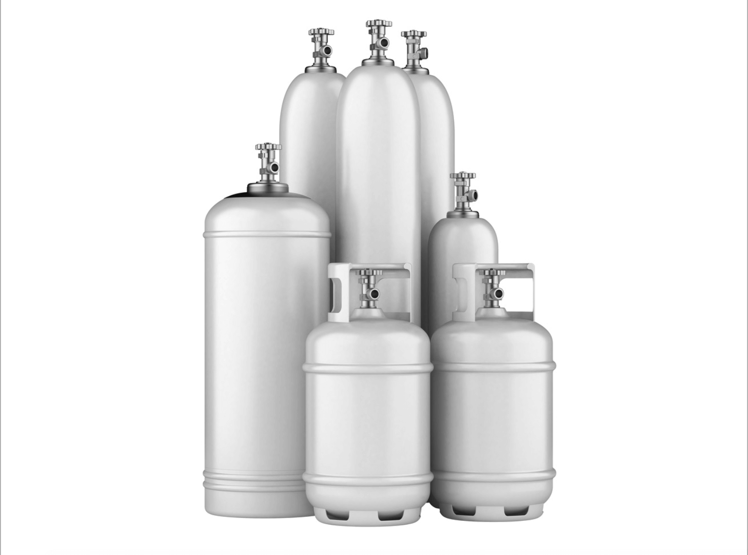 Six large silver gas cylinders grouped together on a white background, featuring various sizes and valve designs.