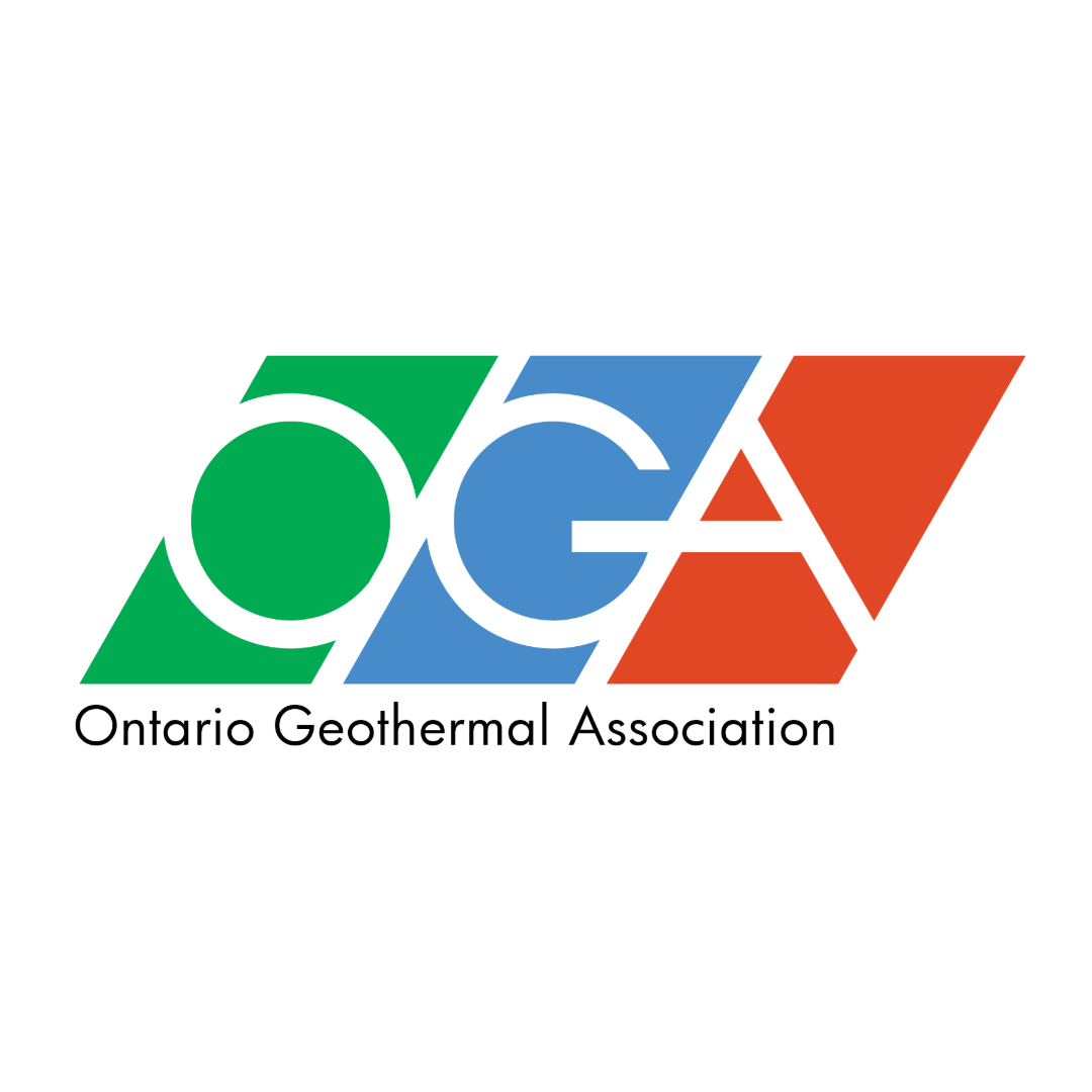 The Ontario Geothermal Association logo features bold letters, OGA, in green, blue, and red, with association name below in black text.