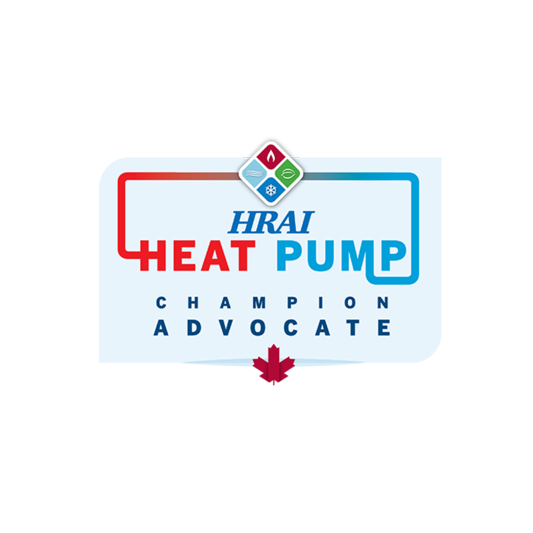 HRAI Heat Pump Champion Advocate logo features colorful elements and symbols, with a red maple leaf at the bottom, highlighting environmental advocacy.
