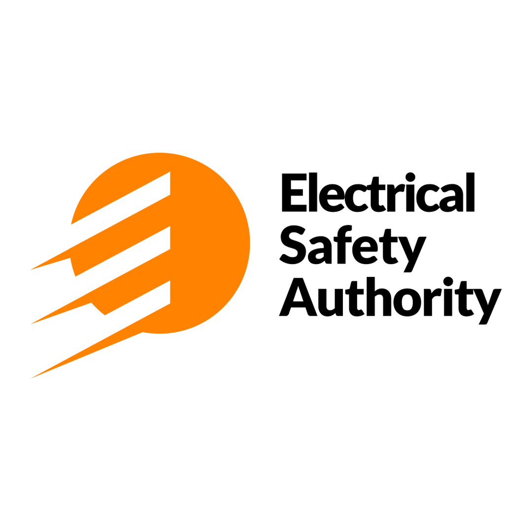 An orange circle with sharp zigzag lines and bold text reads "Electrical Safety Authority" on a white background.