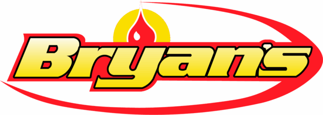 Logo with "Bryan's" in bold yellow and red text, featuring a stylized flame and sun design above the letters.