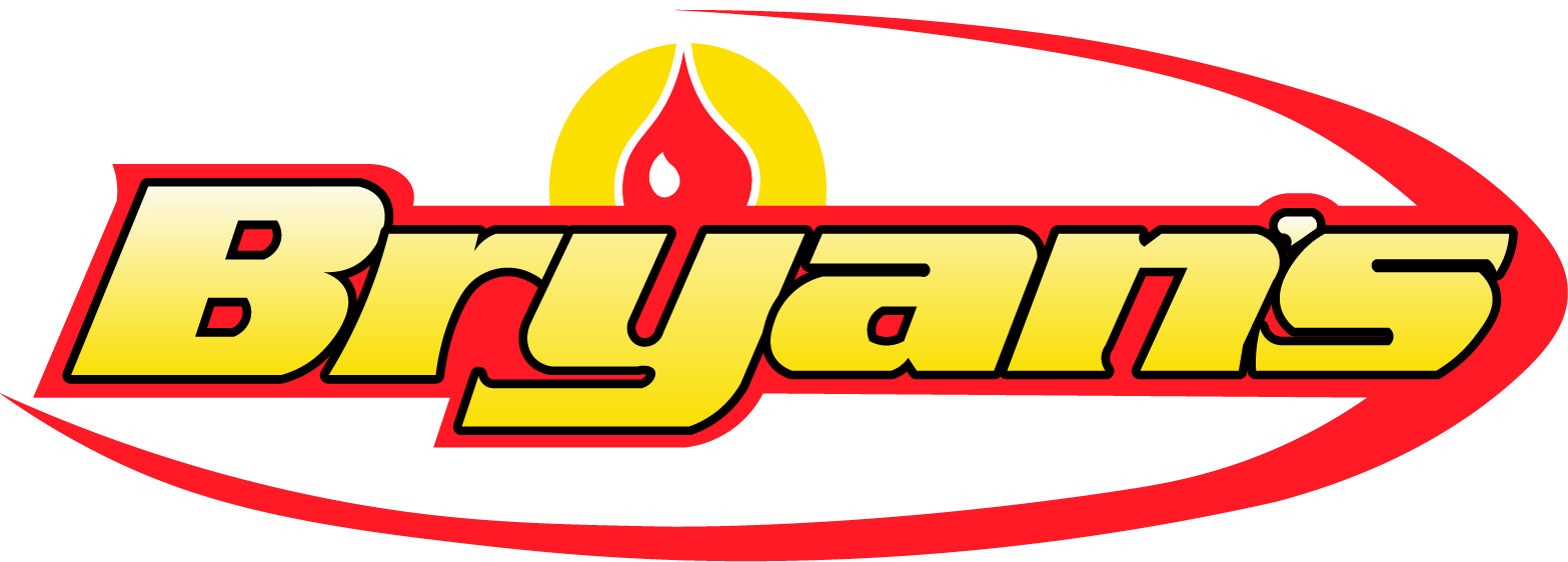 Logo with "Bryan's" in bold yellow and red text, featuring a stylized flame and sun design above the letters.