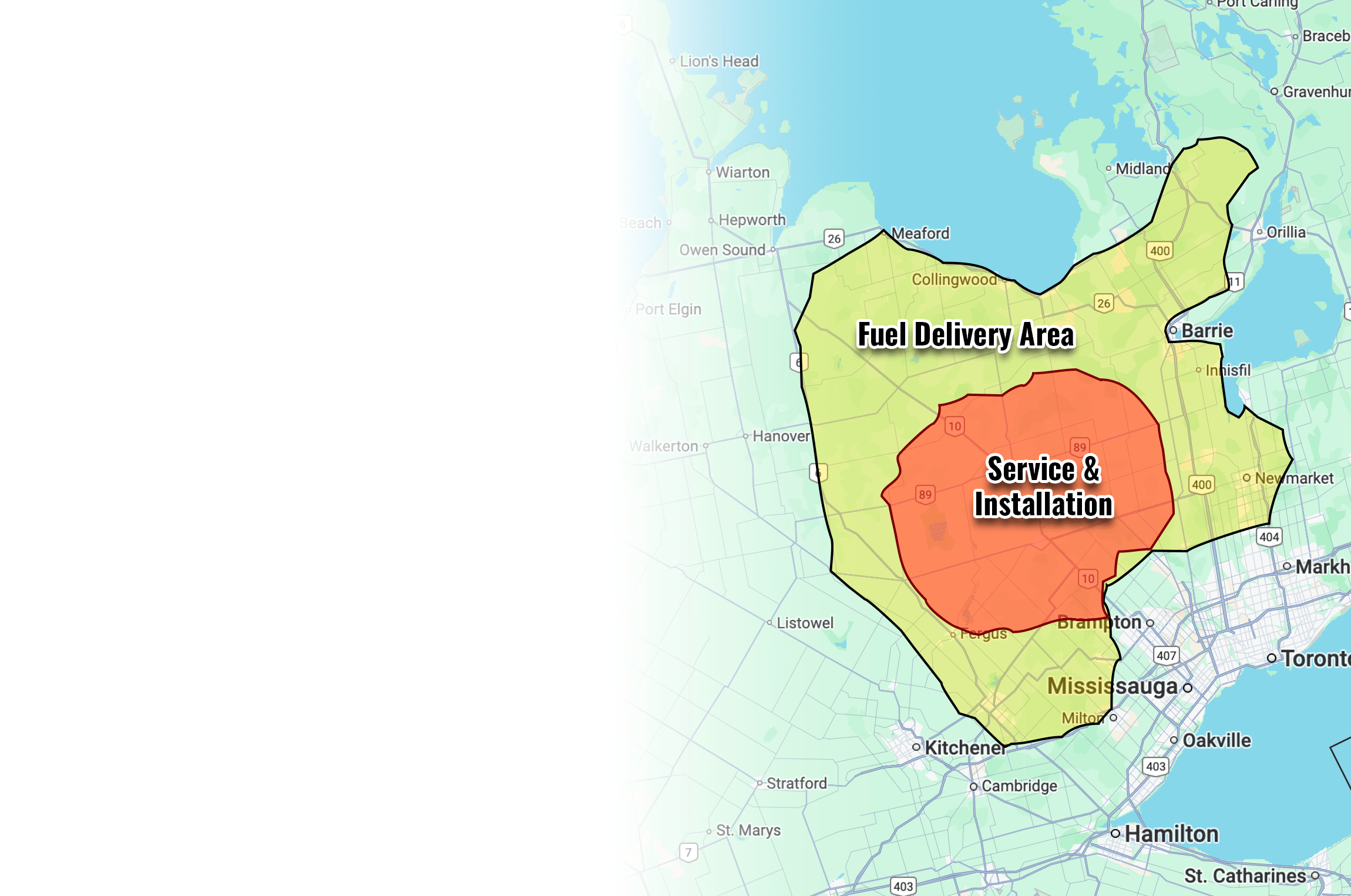Map highlighting fuel delivery and service areas in southern Ontario, including Toronto, Mississauga, and Hamilton, with distinct green and red zones.