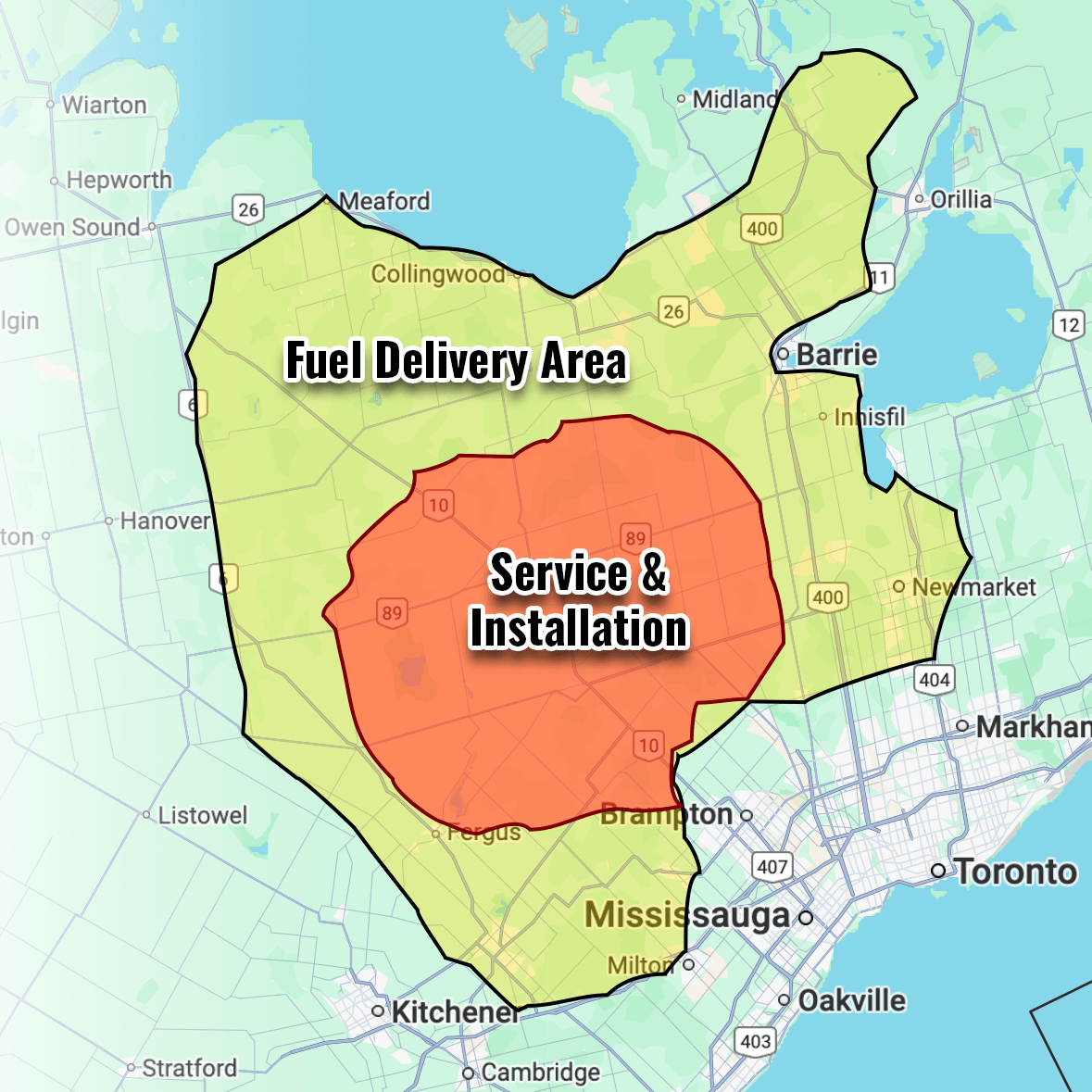 Map showing fuel delivery (green) and service installation areas (red) in southern Ontario, including Toronto, Mississauga, and Barrie regions.
