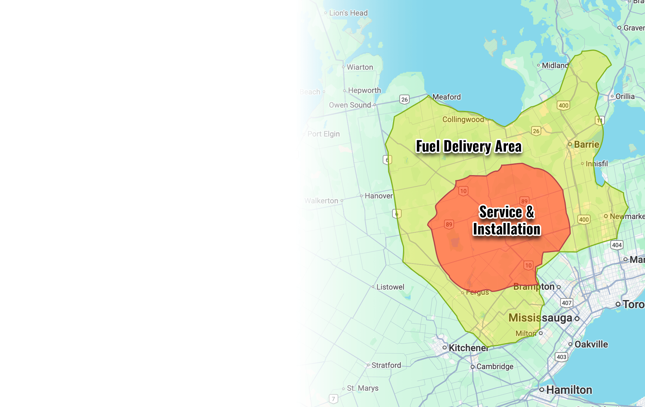 Map highlighting fuel delivery area in green and service installation area in red, covering regions from Kitchener to Barrie in Ontario, Canada.
