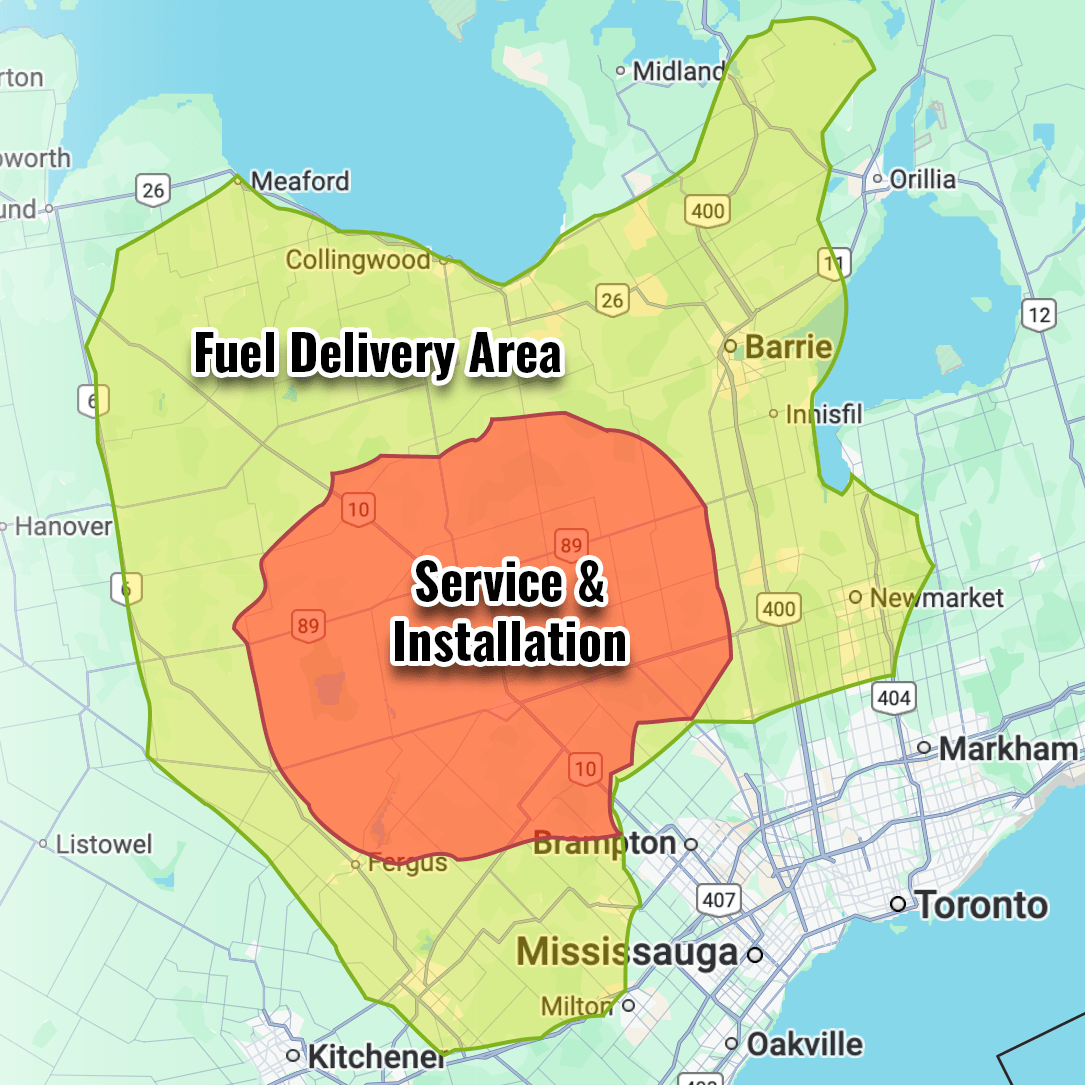 Map highlighting fuel delivery and service areas in Ontario, encompassing cities like Toronto, Mississauga, and Barrie, with specified zones in different colors.