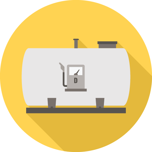 A large gray diesel tank with a nozzle and gauge on a yellow background. Icon graphic style, simple and flat design.