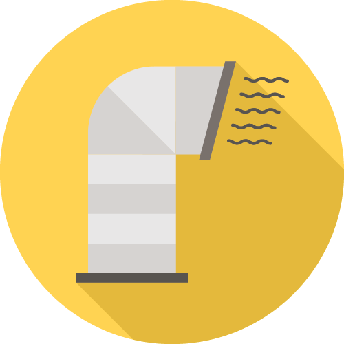 This is a stylized illustration of a bent air vent on a yellow circular background, emitting lines symbolizing airflow.