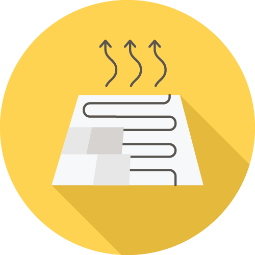 This illustration shows a schematic of underfloor heating in a stylized, simple graphic. It depicts heat rising from coiled pipes under tiles.