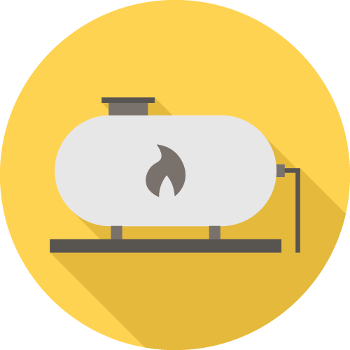 A flat icon of a propane tank with a flame symbol, set against a yellow circular background, casting a long shadow.