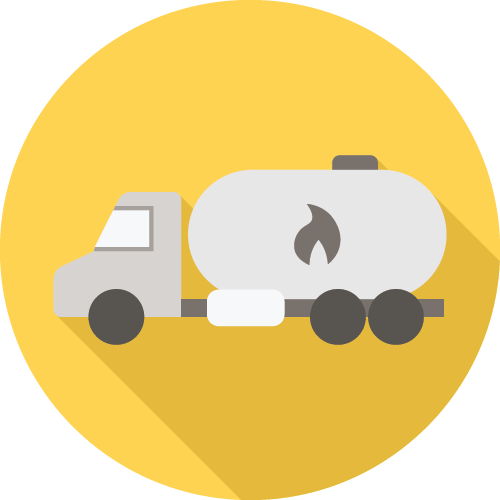 A stylized icon of a fuel tanker truck on a yellow circular background, featuring a flame symbol on the tank.