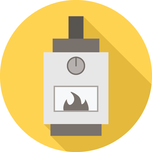 A minimalist illustration of a water heater with a flame icon, on a yellow circular background. Long shadow effect enhances its modern design.
