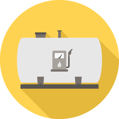A yellow background features a gray fuel tank icon with meter, long shadow effect, and clean, minimal design, symbolizing oil or fuel storage.