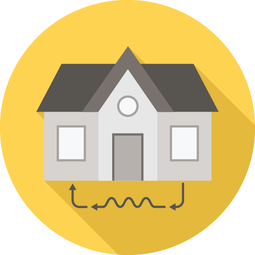 The image depicts a gray house illustration on a yellow circular background, featuring arrows below, indicating movement or energy flow.