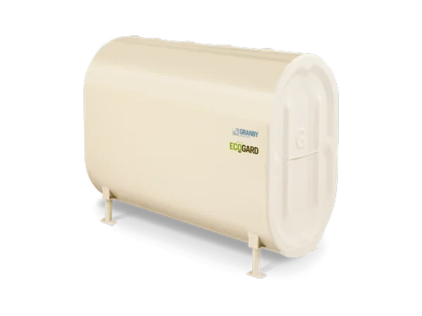 A beige Granby EcoGard oil tank is displayed against a white background, featuring a cylindrical design with legs for stability.
