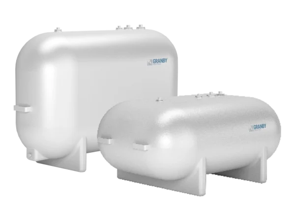 Two white, horizontal cylindrical tanks with base supports, displaying the "Granby" logo, are shown against a plain background. They are industrial storage units.