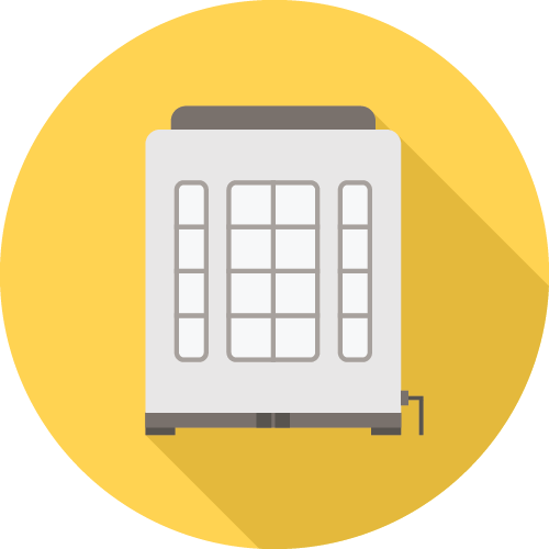A gray vending machine icon is centered on a round yellow background, featuring simplified details like rectangular buttons and a coin slot.