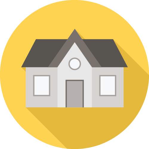 A simple, flat-design icon of a house with a gable roof, rounded window, and two square windows, set against a yellow background.