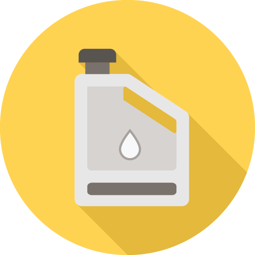 A stylized icon of a gray oil can with a droplet, set against a yellow circular background, suggesting lubrication or automotive maintenance.