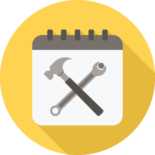 A calendar icon features a hammer and wrench crossed, symbolizing tools or maintenance work. The background is a yellow circle, suggesting utility.