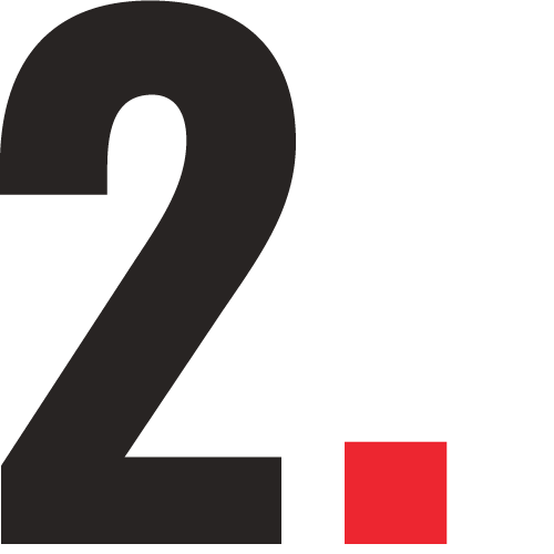 Bold black number two with a small red square beneath it, set against a white background. Minimalistic and modern design style.