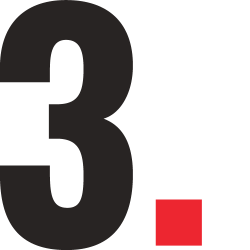 The image displays a large black number three with a red square dot on a plain background. No people or landmarks are present.