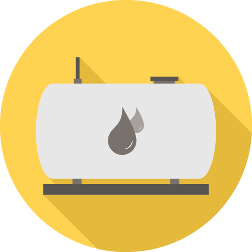 A stylized illustration of a white oil tank with a droplet symbol on a yellow circular background, casting a shadow to the right.