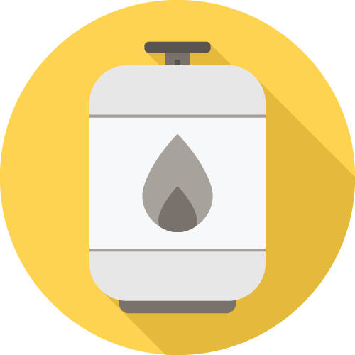 A gray propane tank icon with a flame symbol is shown against a yellow circular background, symbolizing fuel or heating purposes.