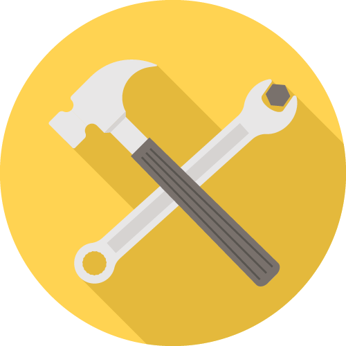 A crossed hammer and wrench icon on a yellow circular background, symbolizing tools or maintenance, with a flat, minimalist design style.