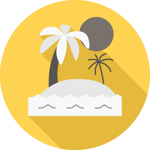 This is a minimalistic illustration of an island with two palm trees and a sun, set against a yellow background.