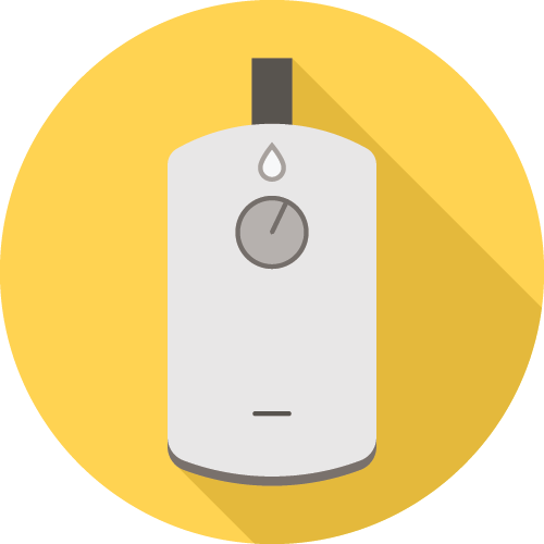 A flat design illustration of a white gas boiler or water heater with a dial, set on a yellow circular background, casting a shadow.