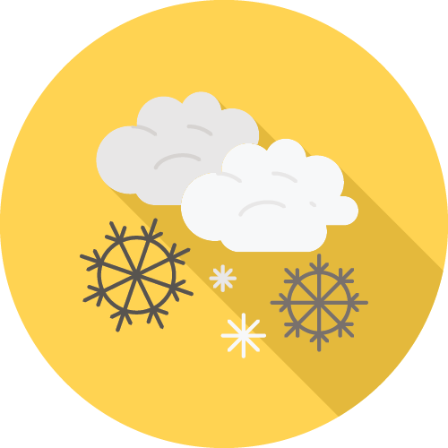 Cartoon-style depiction of weather; two clouds and snowflakes on a circular yellow background, suggesting snowy or overcast conditions.