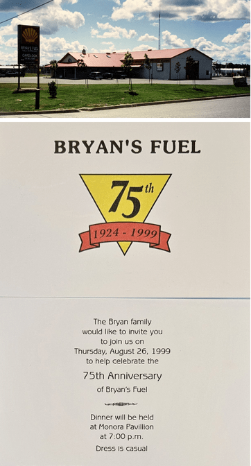 Invitation for Bryan's Fuel 75th Anniversary on August 26, 1999, featuring a 1924-1999 emblem and event details at Monora Pavilion. Dress code is casual.