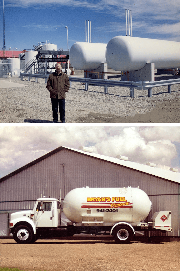 A person stands beside large propane tanks; below, a "Bryan's Fuel" propane truck is parked near a metal building.
