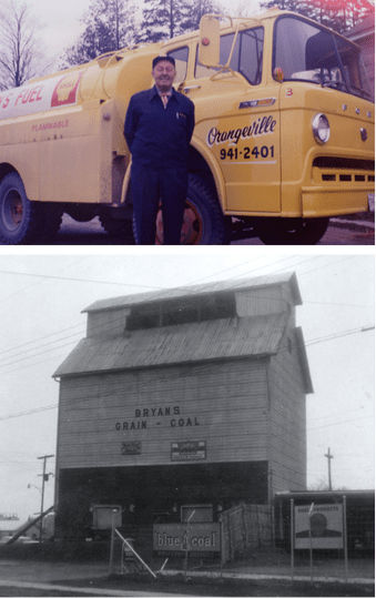 A person stands by a vintage yellow fuel truck labeled "Orangeville." Below, an old Bryans Grain & Coal building with a "blue coal" sign.