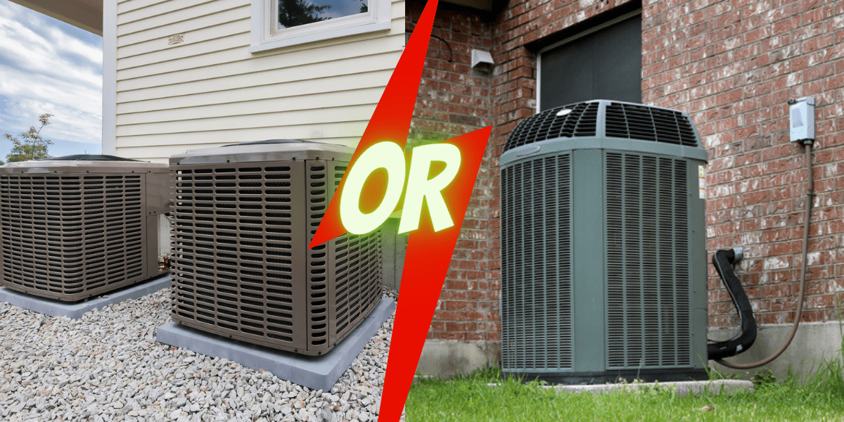 Two air conditioning units side by side with a red "OR" between them, highlighting a comparison.